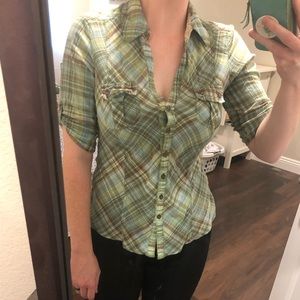 Green/blue plaid button up shirt Sz S